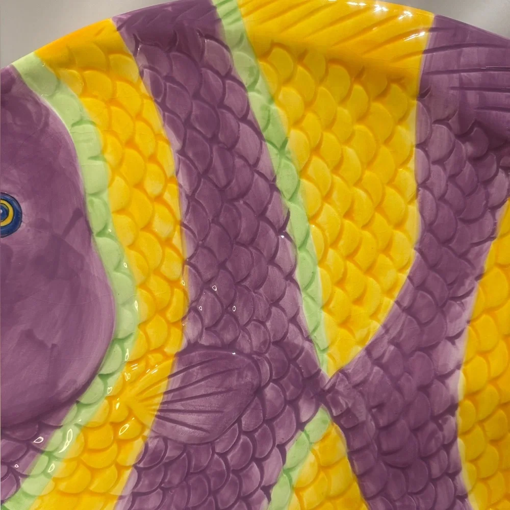 Vintage Hand Painted Ceramic Fish Large Yellow/Purpl Serving Platter 14 3/4 x 11